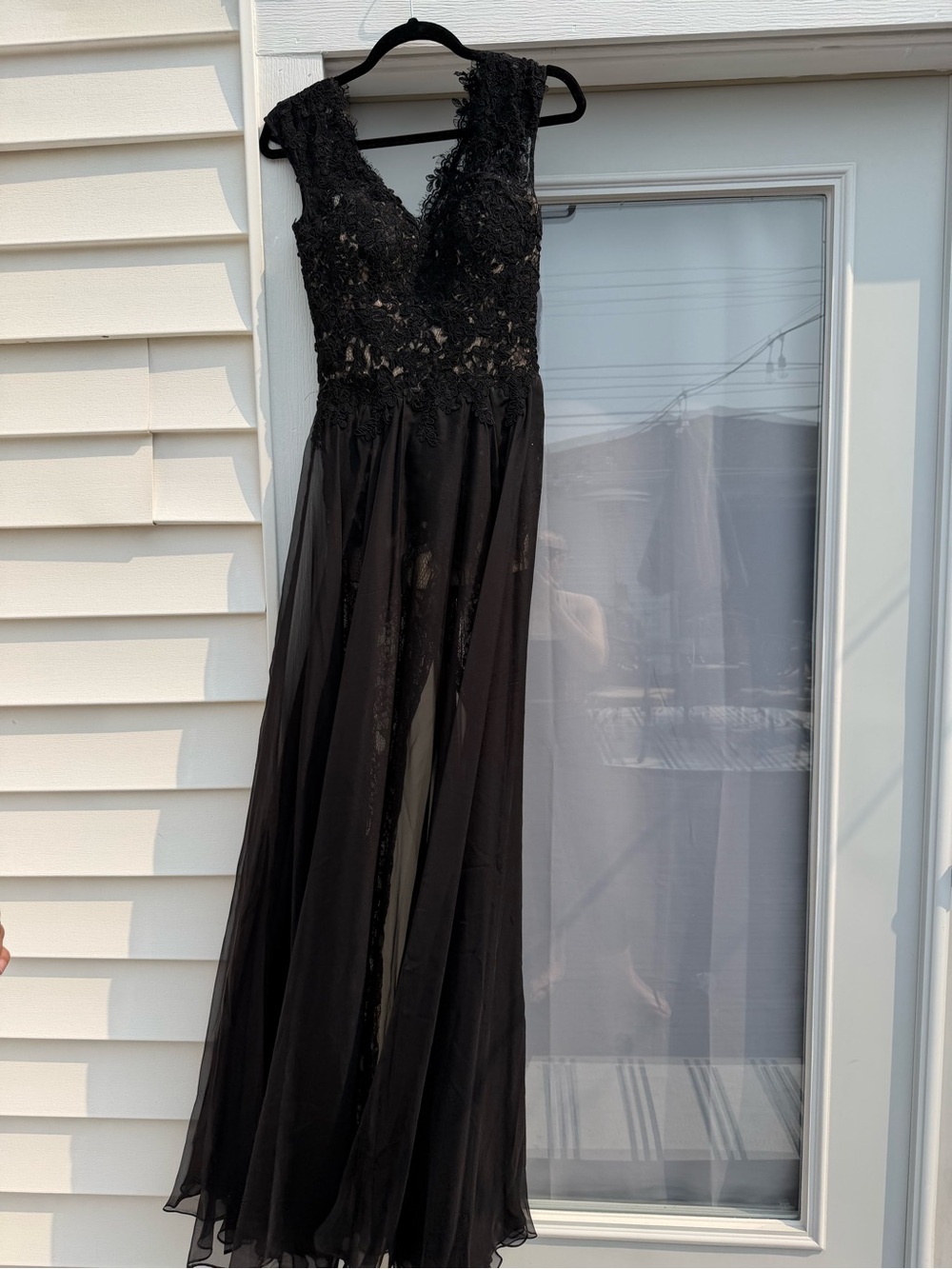 La Femme Black Lace V-Neck Chiffon Evening Jumpsuit